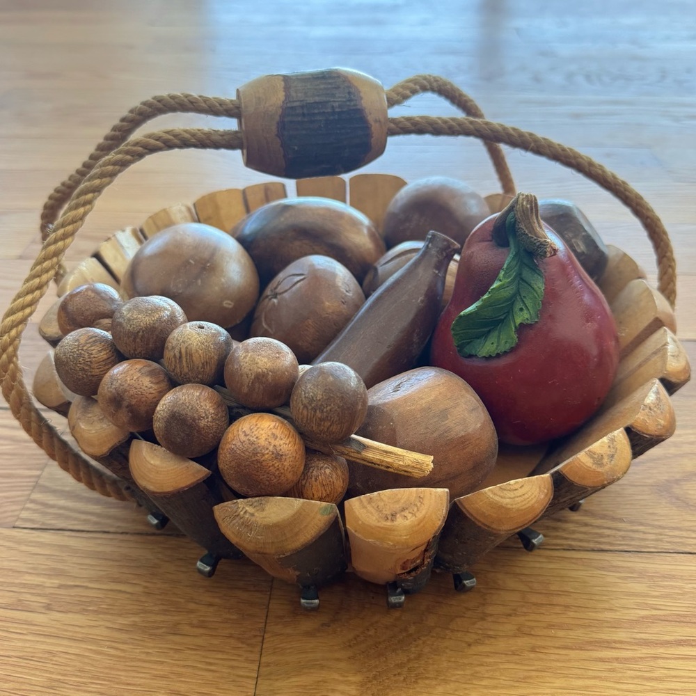 Vintage Wooden Fruit Basket with Hand-Carved Wooden Fruit Set